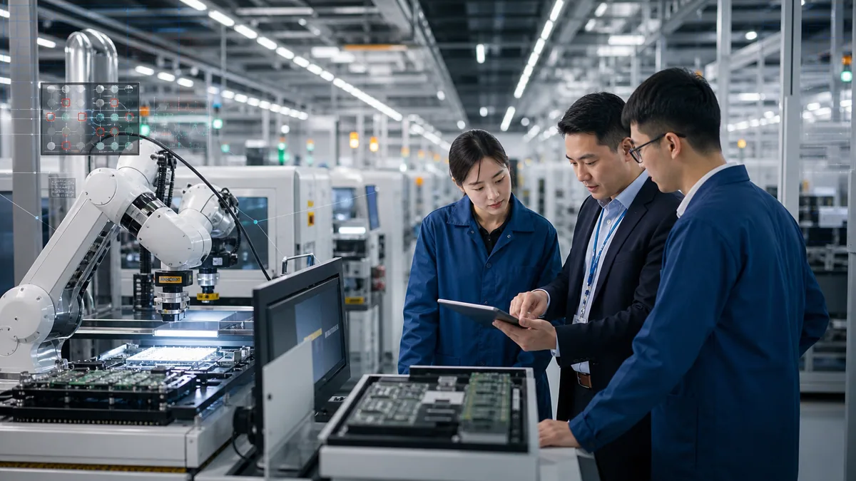 Consultants and manufacturing engineers reviewing AI quality inspection in an advanced electronics factory